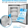 An open freezer with drawers, featuring a marketing tag and an ice cube tray. Produktbild-Vorschau