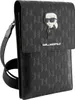 A black Karl Lagerfeld crossbody bag with a monogram pattern and a cartoonish Karl Lagerfeld figure on the flap. Anteprima dell’immagine prodotto