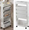 A white mobile storage cart with multiple shelves and a bottom bin, shown from two different angles. Produktbild-Vorschau