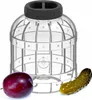 A clear plastic container with a dark gray lid, alongside a plum and a pickle. Produktbild-Vorschau