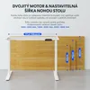 A white electric standing desk frame is shown with wooden desktop samples of varying sizes behind it, illustrating compatibility. Text overlays provide specifications. Náhled obrázku produktu