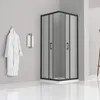 A modern bathroom with a shower cabin, a bathrobe, and a towel rack. Produktbild-Vorschau