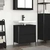 A modern bathroom vanity with a black oak-look finish and a white sink. Produktbild-Vorschau