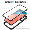 A disassembled phone case showing its three parts: a clear front cover with a screen protector, a phone with a screen displaying the time, and a black back cover with cutouts for the camera. Produktbild-Vorschau