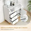 A white cabinet with drawers and doors, decorated with golden accents, is shown in a room setting. There are decorative items on top of the cabinet and a plant in the background. A circular inset highlights shelf dimensions. Produktbild-Vorschau