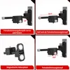 A collage of four images showing different features and angles of a laser level mount. Produktbild-Vorschau