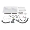 A white double kitchen sink with various plumbing accessories laid out around it on a white background. Podgląd zdjęcia produktu