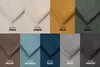 A collage of fabric swatches in various colors, each labeled with a name. Produktbild-Vorschau