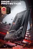 A black smartphone case is shown in a dynamic, action-oriented setting with sparks and debris flying around. The background features metallic, curved structures. Produktbild-Vorschau