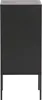 A black nightstand with a single door and a small hole in the center of the door, standing on four thin legs. Anteprima dell’immagine prodotto