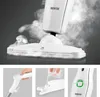 A collage of images showing a white steam mop with steam coming out of the head, a close-up of the handle being operated, a person pouring water into the tank, and a close-up of a button on the handle. Produktbild-Vorschau
