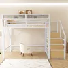 A white metal loft bed with stairs and a desk area underneath, set in a room with light-colored walls and flooring. Anteprima dell’immagine prodotto