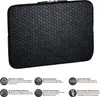 A black notebook sleeve with a hexagonal pattern, surrounded by icons and text describing its features. Produktbild-Vorschau