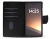 A black flip-style phone case with a phone inside showing the time and date. Produktbild-Vorschau