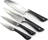 A set of four kitchen knives with black handles, arranged diagonally on a white background. Produktbild-Vorschau