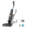 A dark gray wet dry vacuum cleaner with a yellow button is shown on a white background. Several accessories are displayed to the right of the vacuum. Produktbild-Vorschau