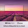 A television displaying a vibrant image of a lavender field at sunset, set against a purple sky. The television is placed in front of a real lavender field. Produktbild-Vorschau