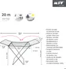 A diagram of a clothes drying rack with dimensions and multilingual descriptions of its features. Produktbild-Vorschau
