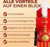A close-up of a red toy train with white smoke coming from its chimney, next to a list of product benefits. Produktbild-Vorschau