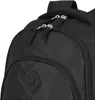 A close-up view of the front of a black backpack, showing the zippers and a small diamond-shaped emblem. Produktbild-Vorschau