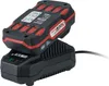 A black and red battery charger with a battery pack on top, against a white background. Produktbild-Vorschau