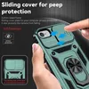 A hand is holding a green iPhone case with a sliding camera cover and a ring holder. Produktbild-Vorschau