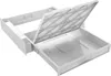 A white plastic washing machine stacking kit with a drawer pulled out and a lid open. Voir les images du produit