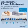 A woman sleeping on a mattress, with an illustration of the bed frame's support system below. Produktbild-Vorschau