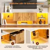 Collage showing a modern LED TV stand with drawers and shelves, highlighting storage and lighting features. Voir les images du produit