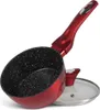 A red saucepan with a speckled black interior and a glass lid, set against a white background. Podgląd zdjęcia produktu