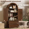 A dark wood cabinet with open doors displaying shelves filled with books and decorative items. There are also two drawers at the bottom. Callout labels point to different parts of the cabinet. Anteprima dell’immagine prodotto