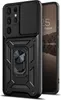 A black phone case with a sliding camera cover and a ring holder is shown against a white background. A smartphone is partially visible to the right. Produktbild-Vorschau