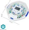 A top-down view of a white and blue automatic pill dispenser filled with various colored pills, with dimensions indicated by lines and text. Anteprima dell’immagine prodotto