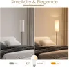 A split image showing a bedroom scene with a floor lamp. The left side shows the lamp off in a dimly lit room, and the right side shows the lamp on, illuminating the room with warm light. Text overlays describe the product's features and benefits. Náhľad obrázku produktu