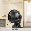A black clip-on fan is shown on a shelf next to a vintage-style speaker and a framed picture. Text overlays describe the fan's adjustable features. Produktbild-Vorschau