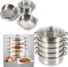 A collage of images showing stainless steel steamers and a multi-tiered steamer with food. Produktbild-Vorschau