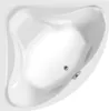 A top-down view of a white corner bathtub.