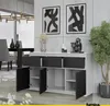 A modern sideboard with drawers and doors is displayed in a well-lit room with abstract art on the wall. Náhľad obrázku produktu
