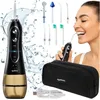 A woman is using a black and gold water flosser, with various attachments and a storage bag shown. Náhľad obrázku produktu