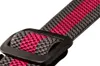 A close-up of a gray and pink striped fabric strap with a black plastic buckle. Náhled obrázku produktu