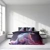 A bedroom with a bed featuring a duvet cover and pillowcases with a unicorn design. Produktbild-Vorschau