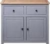 A gray sideboard with a wooden top and two doors and two drawers. Podgląd zdjęcia produktu