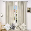 A pair of light beige sheer curtains hanging on a window rod, with four fabric swatches displayed in the foreground. Produktbild-Vorschau