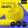 A bright yellow beanbag chair and cushion are displayed against a yellow and blue background, with text overlays highlighting product features. Produktbild-Vorschau