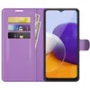 A purple wallet-style phone case with a Samsung Galaxy A22 5G phone inside, showing credit cards and cash slots. Produktbild-Vorschau