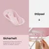 A collage of images showing a pink baby bathtub, text about safety, and a close-up of a drain plug. Náhľad obrázku produktu