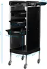 A black salon trolley with multiple drawers and compartments, shown with dimensions indicated by blue lines and text. Náhľad obrázku produktu