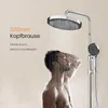 A man is showering under a modern showerhead, with text overlay describing the product. Produktbild-Vorschau