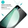 A close-up illustration of a screen protector being applied to a smartphone, with arrows indicating the fit. Produktbild-Vorschau