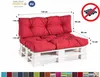 A red pallet sofa cushion set on a white wooden pallet, with dimensions indicated by arrows and text. Voir les images du produit